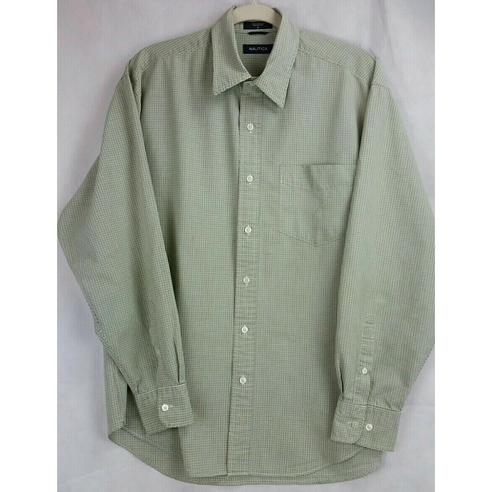 Nautica Men's (L) Green/Brown Plaid Long Sleeve Button Up Dress Shirt